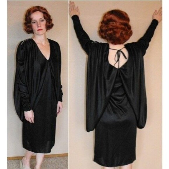 Old Hollywood Glamour Black Party Dress Draped Vintage 80s 7 - Picture 5 of 5